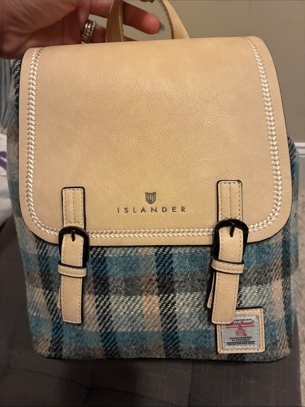Islander Beige Leather & Blue Plaid Backpack